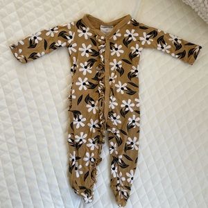 SpearmintLOVE Mustard Yellow and white floral newborn baby footie pajamas